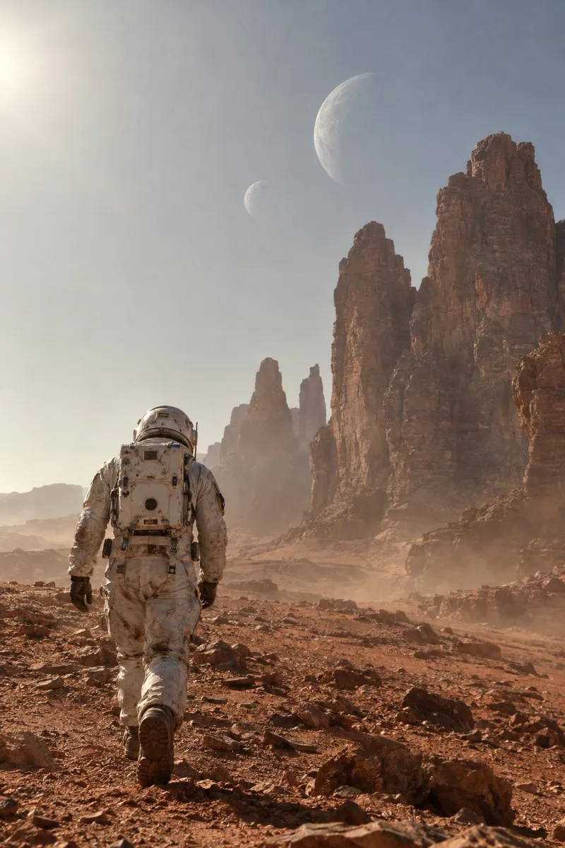 An astronaut wipes dust off her visor on an alien desert planet and sees a giant ancient structure rising from the sand, two moons in the sky.