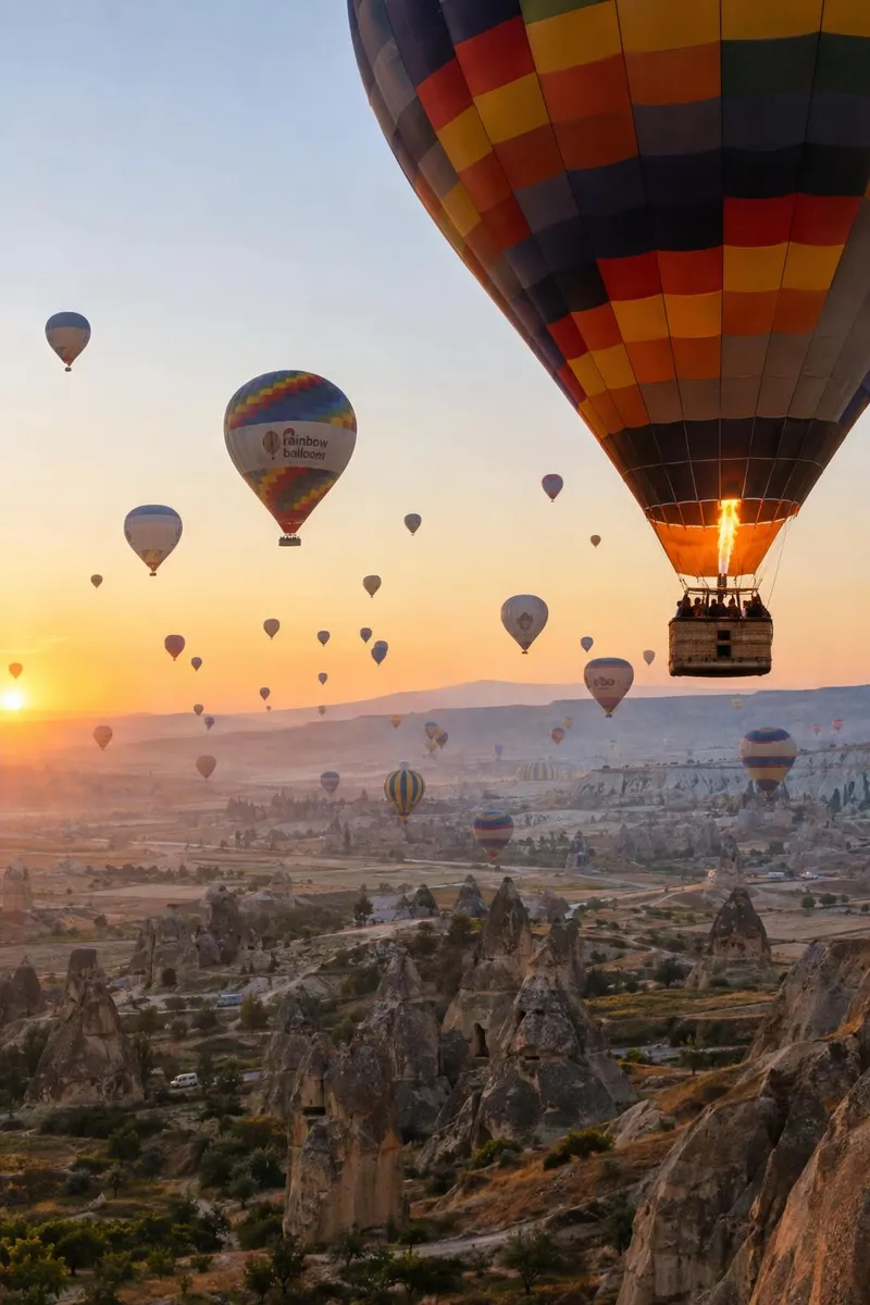 Dozens of hot air balloons rise over the fairy chimneys of Cappadocia at sunrise, one balloon's burner flares close to camera.