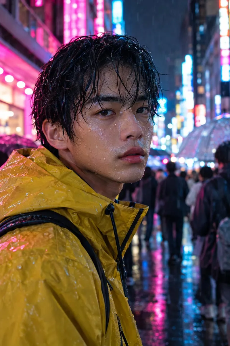 Portrait of a man in a reflective rain jacket on a Tokyo side street at night, neon signs in bokeh behind him, rain droplets on his face.