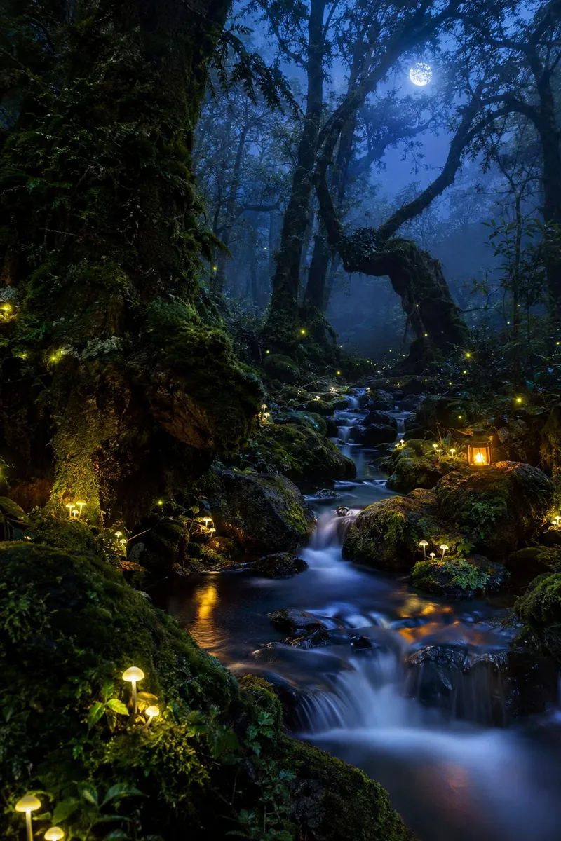 A misty ancient forest with glowing mushrooms and tiny floating lights, a small fairy sitting on a mossy stone, beams of morning light through the canopy.
