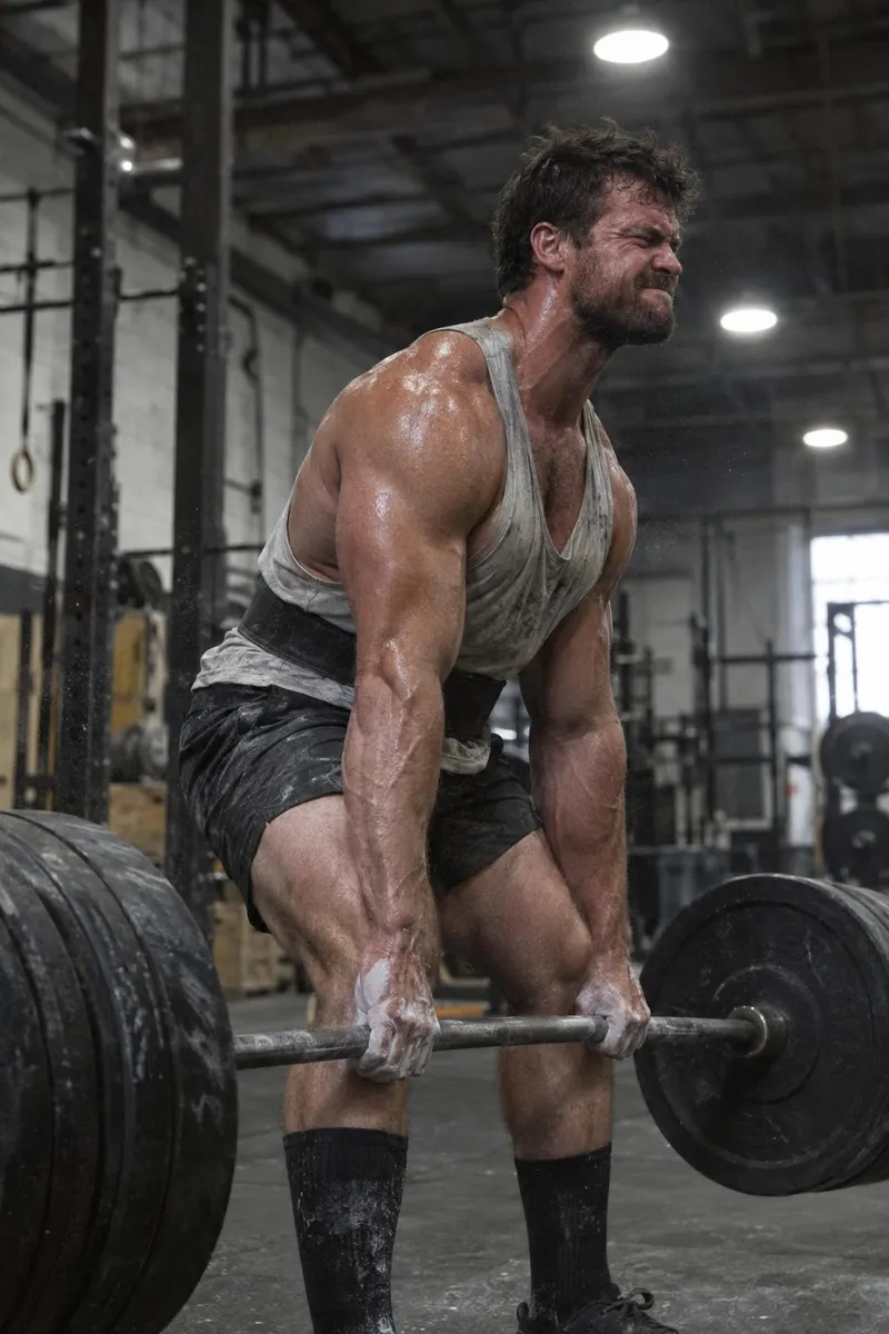 A muscular athlete lifts a heavy barbell in a gritty gym, veins and sweat visible, he lets out a breath and stares into the camera.