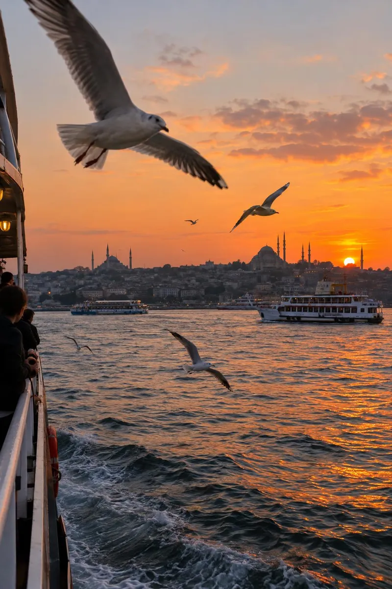 Aerial shot gliding over the Bosphorus at sunset, ferries crossing, seagulls in the foreground, the mosques' silhouettes against an orange sky. Sound: ferry horn, gulls, distant call to prayer.