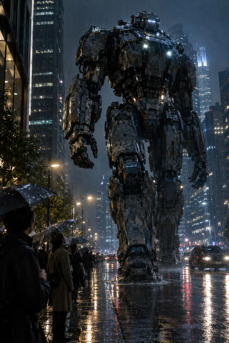 A towering mech robot steps between skyscrapers in heavy rain, its footsteps cracking the street, people with umbrellas looking up in awe.