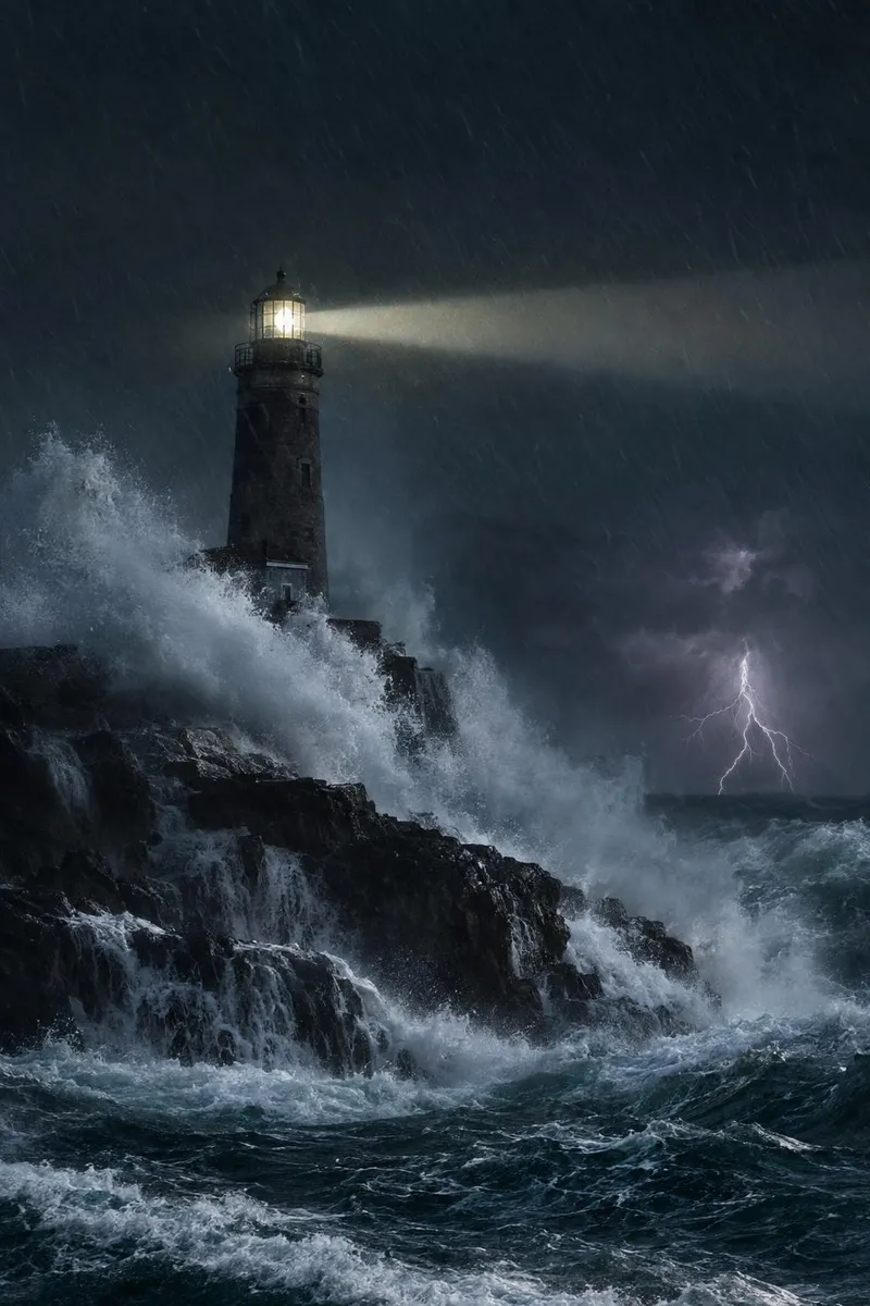 A lighthouse stands against a violent storm as giant waves crash over the rocks, lightning illuminating the clouds, the beam sweeping through the rain.