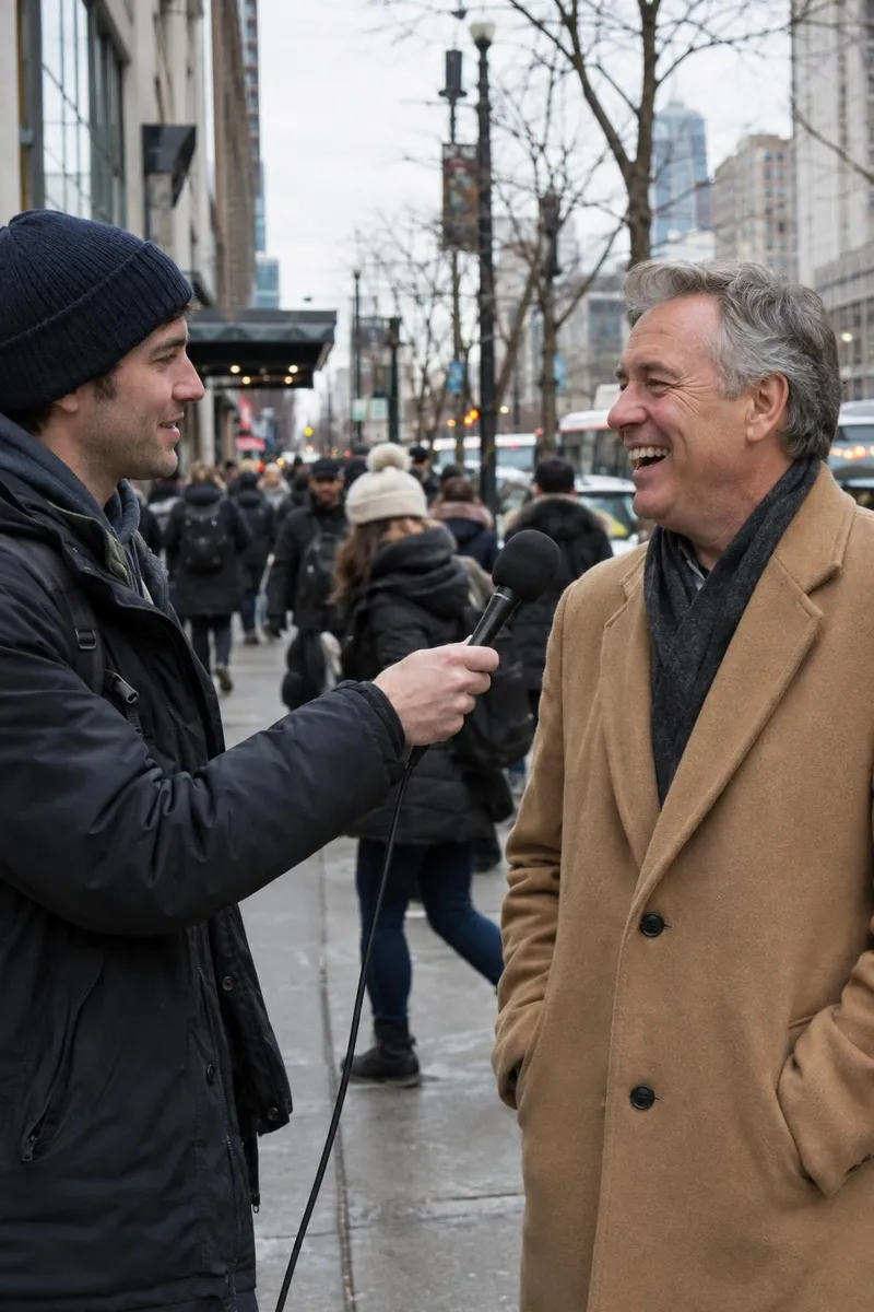 A street interviewer holds a microphone to a surprised passerby on a busy city sidewalk and asks: "What's the craziest thing you've ever bought?" The man laughs and answers: "A boat. I can't swim."